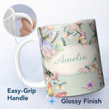 Personalized Custom Name Pastel Watercolor Butterflies Sage Green Background Seamless Pattern 11oz Ceramic Coffee Tea Mug White Large Handle