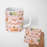 Personalized Custom Name Watercolor Woodland Fox Mushroom Autumn on Blush Pink Background 11oz Ceramic Coffee Tea Mug White Large Handle