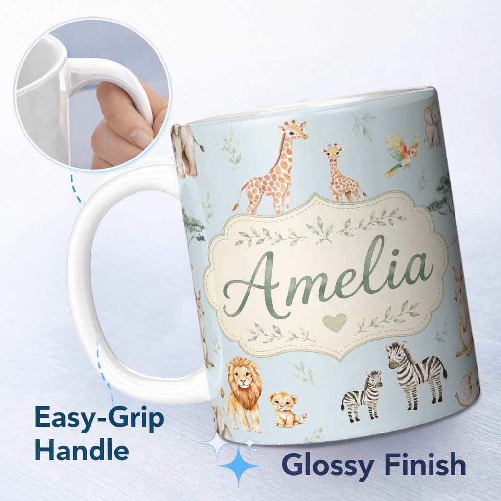 Personalized Custom Name Cute Safari Animals Giraffe Lion Zebra Parrot Seamless Pattern Blue 11oz Ceramic Coffee Tea Mug White Large Handle