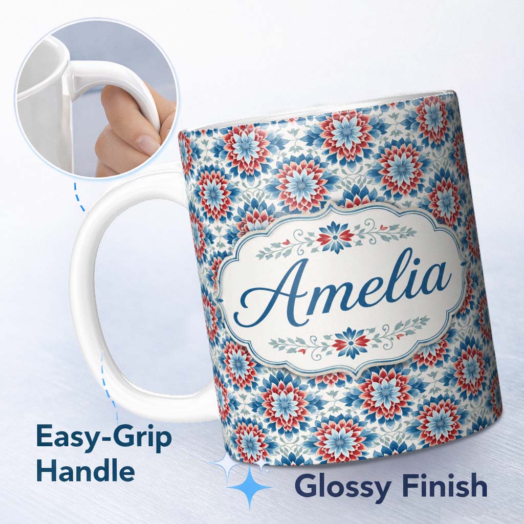 Personalized Custom Name Blue and Red Floral Mandala Tile Seamless Pattern Cute Unique Gift 11oz Ceramic Coffee Tea Mug White Large Handle