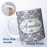 Personalized Custom Name Blue and Red Floral Mandala Tile Seamless Pattern Cute Unique Gift 11oz Ceramic Coffee Tea Mug White Large Handle