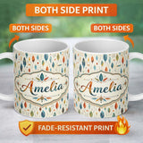 Personalized Custom Name Delicate Feather Leaves Scandinavian Style Seamless Pattern Design 11oz Ceramic Coffee Tea Mug White Large Handle