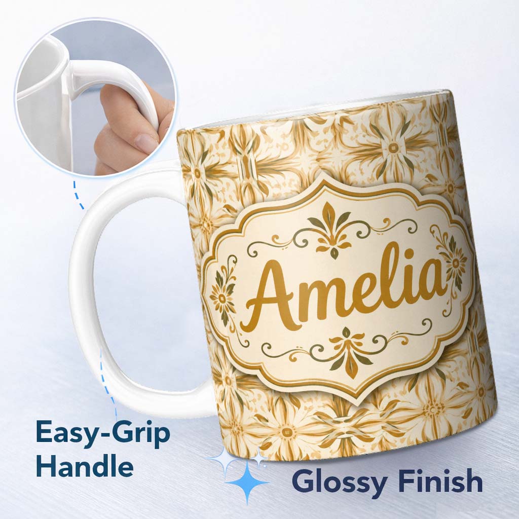 Personalized Custom Name Light Tan and Ochre Traditional Floral Tile Pattern with Repeating 11oz Ceramic Coffee Tea Mug White Large Handle
