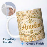 Personalized Custom Name Light Tan and Ochre Traditional Floral Tile Pattern with Repeating 11oz Ceramic Coffee Tea Mug White Large Handle