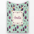 Cute Kawaii Witch Spider Candle Moon Seamless Pattern Teal  Personalised Custom Name Super Soft Fleece Blanket Bed Sofa Throw