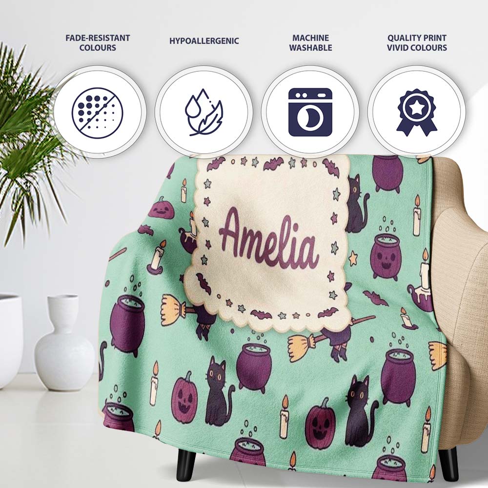 Cute Kawaii Witch Spider Candle Moon Seamless Pattern Teal  Personalised Custom Name Super Soft Fleece Blanket Bed Sofa Throw