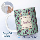 Personalized Custom Name Cute Kawaii Witch Spider Candle Moon Seamless Pattern Teal 11oz Ceramic Coffee Tea Mug White Large Handle