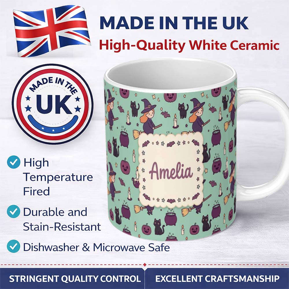 Personalized Custom Name Cute Kawaii Witch Spider Candle Moon Seamless Pattern Teal 11oz Ceramic Coffee Tea Mug White Large Handle