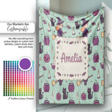 Cute Kawaii Witch Spider Candle Moon Seamless Pattern Teal  Personalised Custom Name Super Soft Fleece Blanket Bed Sofa Throw