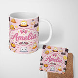 Personalized Custom Name Cute Kawaii Witch Spider Candle Moon Halloween Seamless Pattern 11oz Ceramic Coffee Tea Mug White Large Handle