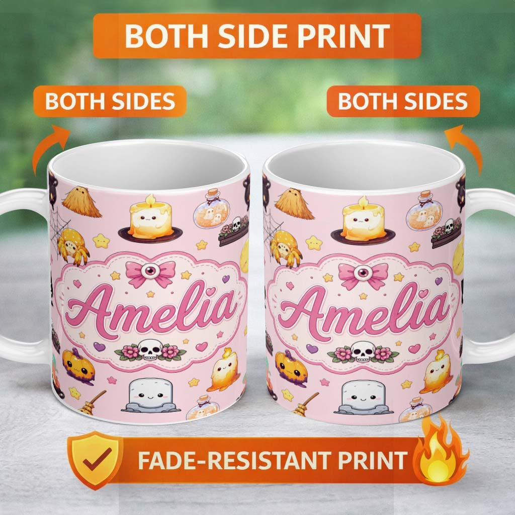 Personalized Custom Name Cute Kawaii Witch Spider Candle Moon Halloween Seamless Pattern 11oz Ceramic Coffee Tea Mug White Large Handle