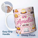 Personalized Custom Name Cute Kawaii Witch Spider Candle Moon Halloween Seamless Pattern 11oz Ceramic Coffee Tea Mug White Large Handle