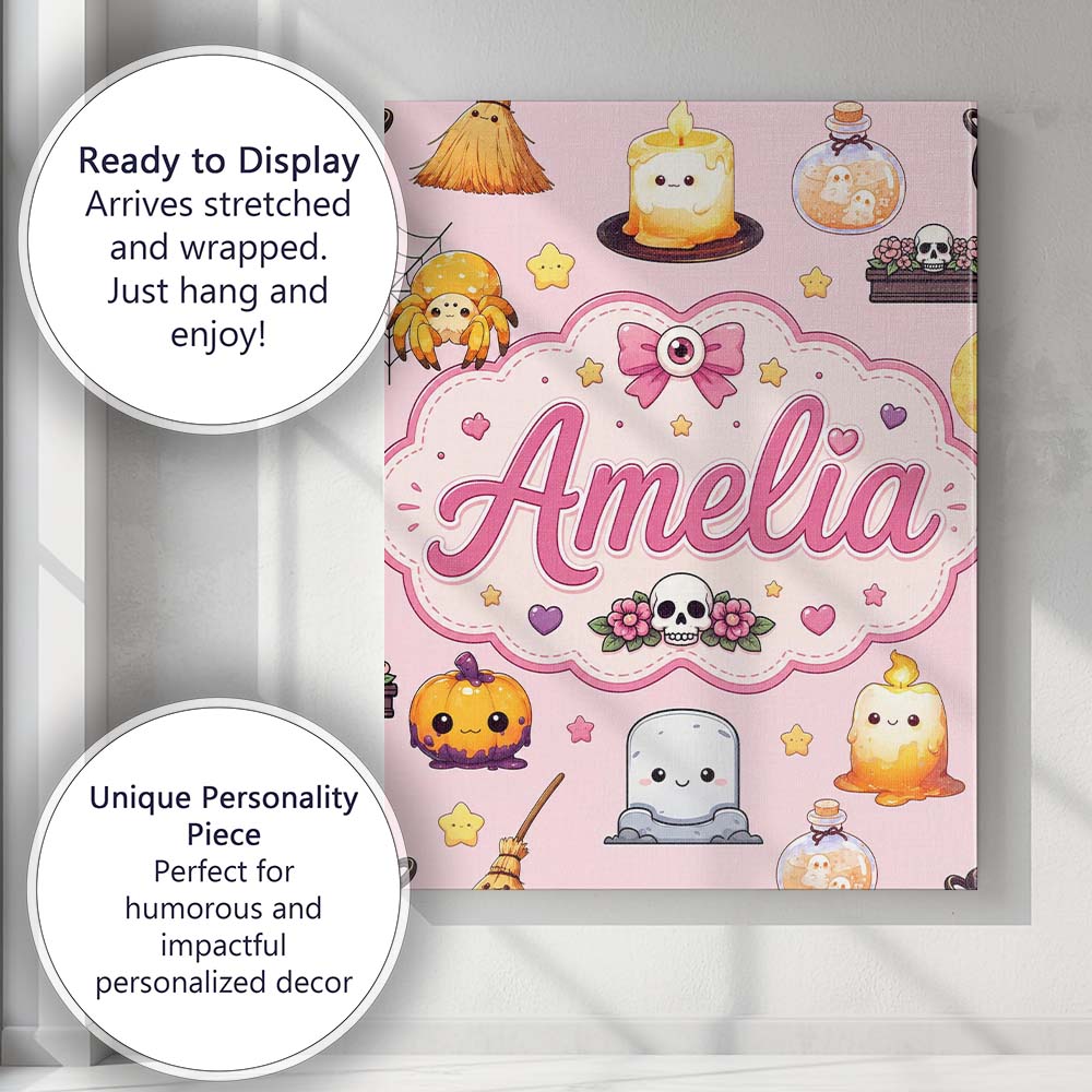 Personalised Name Cute Kawaii Witch Spider Custom  Unique Gift Idea Elegant Feature Canvas Wall Art Print Decor Picture Ready to Hang