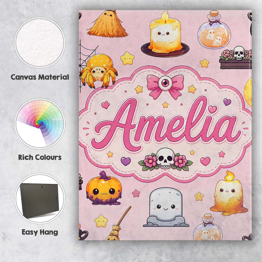 Personalised Name Cute Kawaii Witch Spider Custom  Unique Gift Idea Elegant Feature Canvas Wall Art Print Decor Picture Ready to Hang