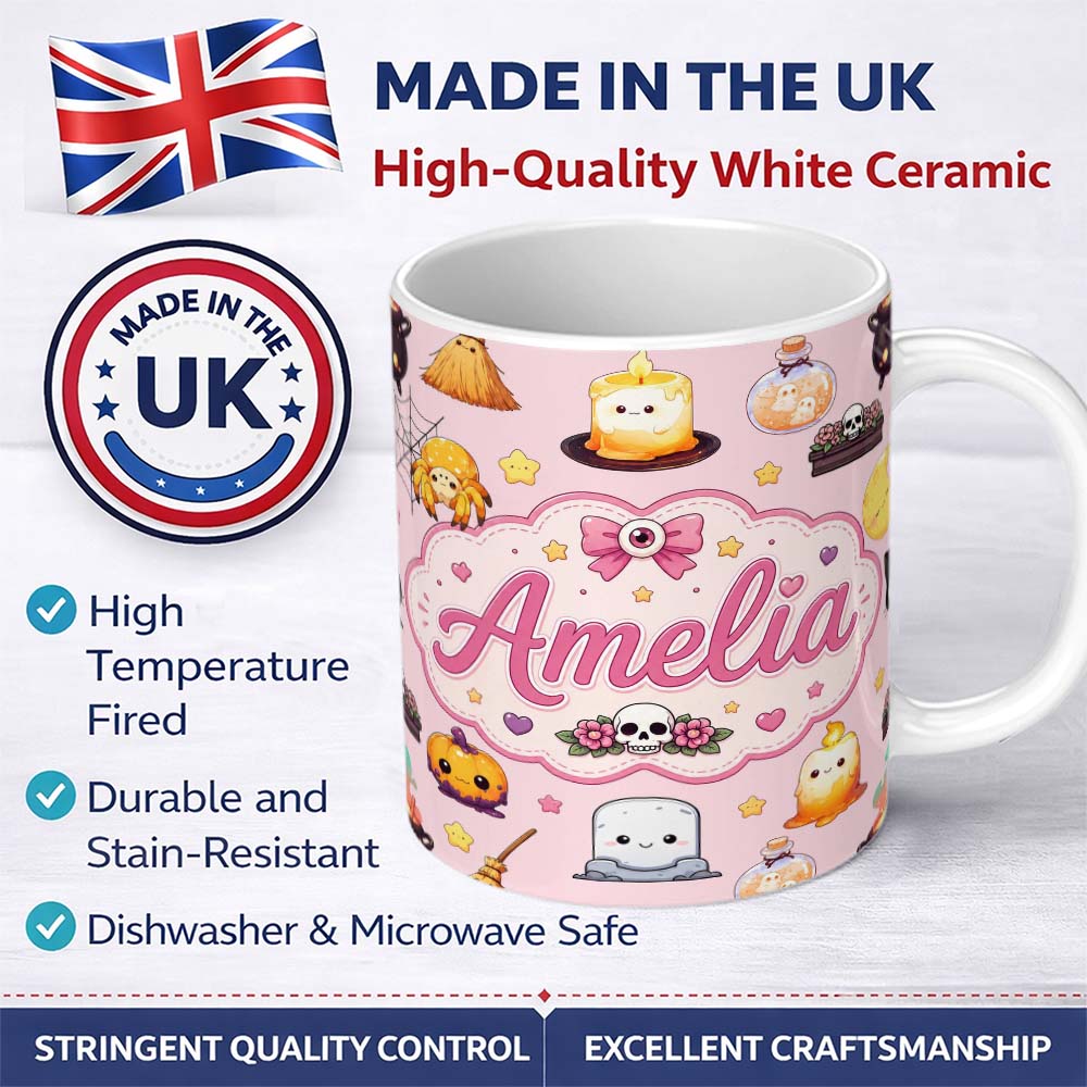 Personalized Custom Name Cute Kawaii Witch Spider Candle Moon Halloween Seamless Pattern 11oz Ceramic Coffee Tea Mug White Large Handle