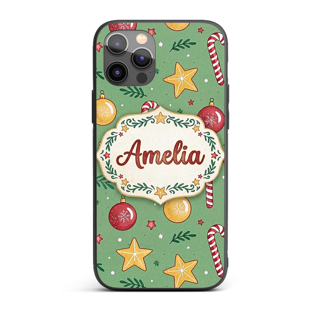 Christmas Candy Cane Baubles Stars Green Festive Custom Name Protective Phone Case Mobile Cover Durable Everyday Smartphone Shock Resistant