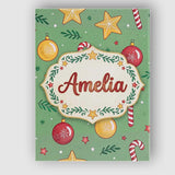 Personalised Name Christmas Candy Cane Baubles Stars Green Festive Custom  Unique Canvas Wall Art Print Decor Picture Ready to Hang