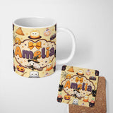 Personalized Custom Name Cute Witch Spider Candle Moon Halloween Seamless Pattern Yellow 11oz Ceramic Coffee Tea Mug White Large Handle