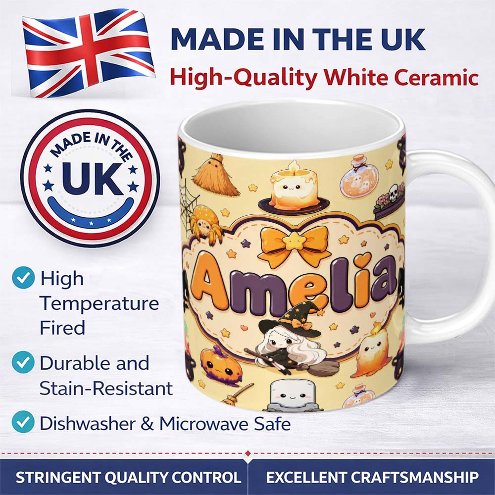 Personalized Custom Name Cute Witch Spider Candle Moon Halloween Seamless Pattern Yellow 11oz Ceramic Coffee Tea Mug White Large Handle