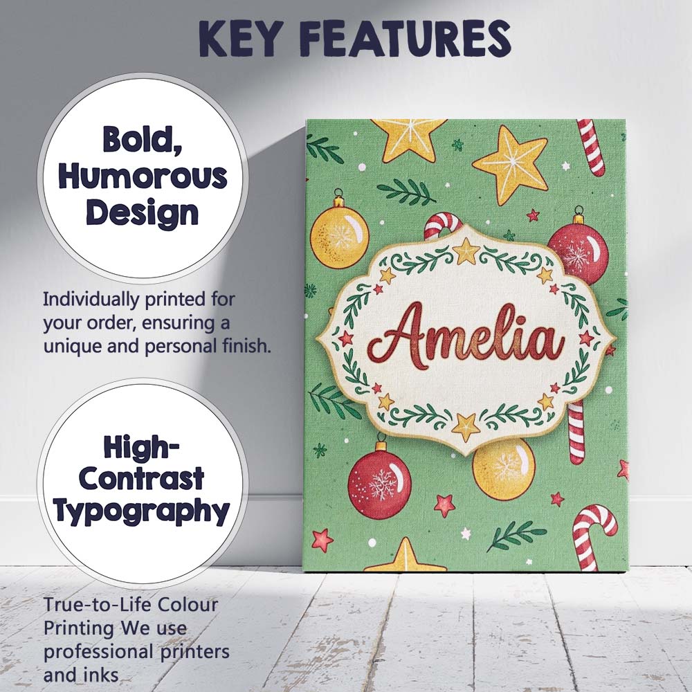 Personalised Name Christmas Candy Cane Baubles Stars Green Festive Custom  Unique Canvas Wall Art Print Decor Picture Ready to Hang