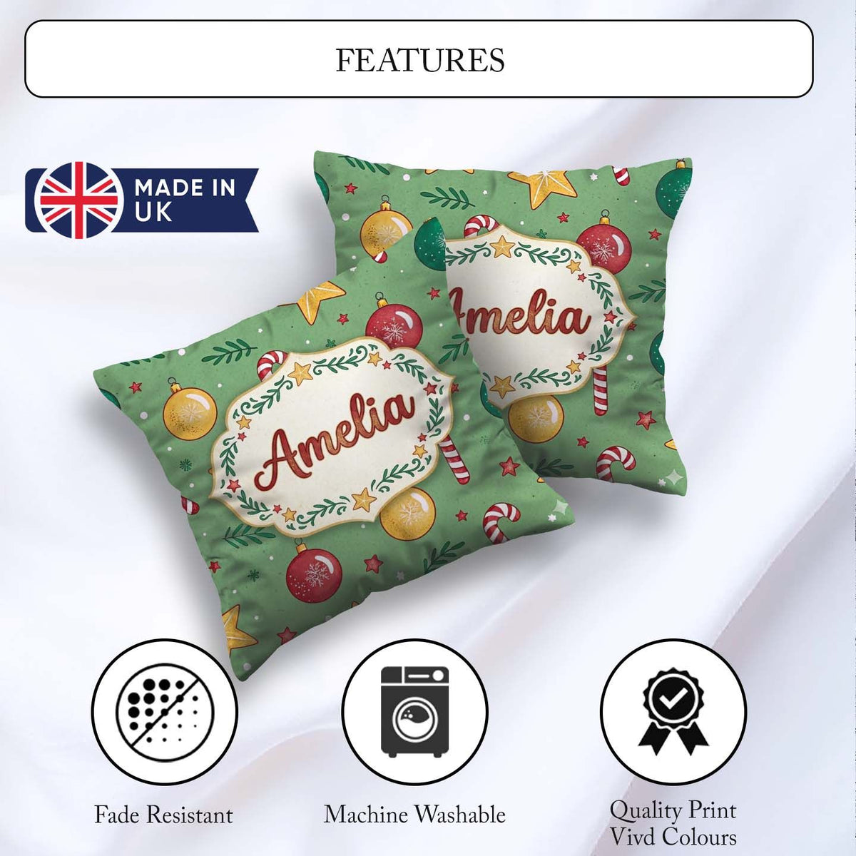 Custom Name Christmas Candy Baubles Stars Green Festive Seamless Square Filled Cushion Throw Pillow Sofa Bed Home Decor Zip Washable UK Made