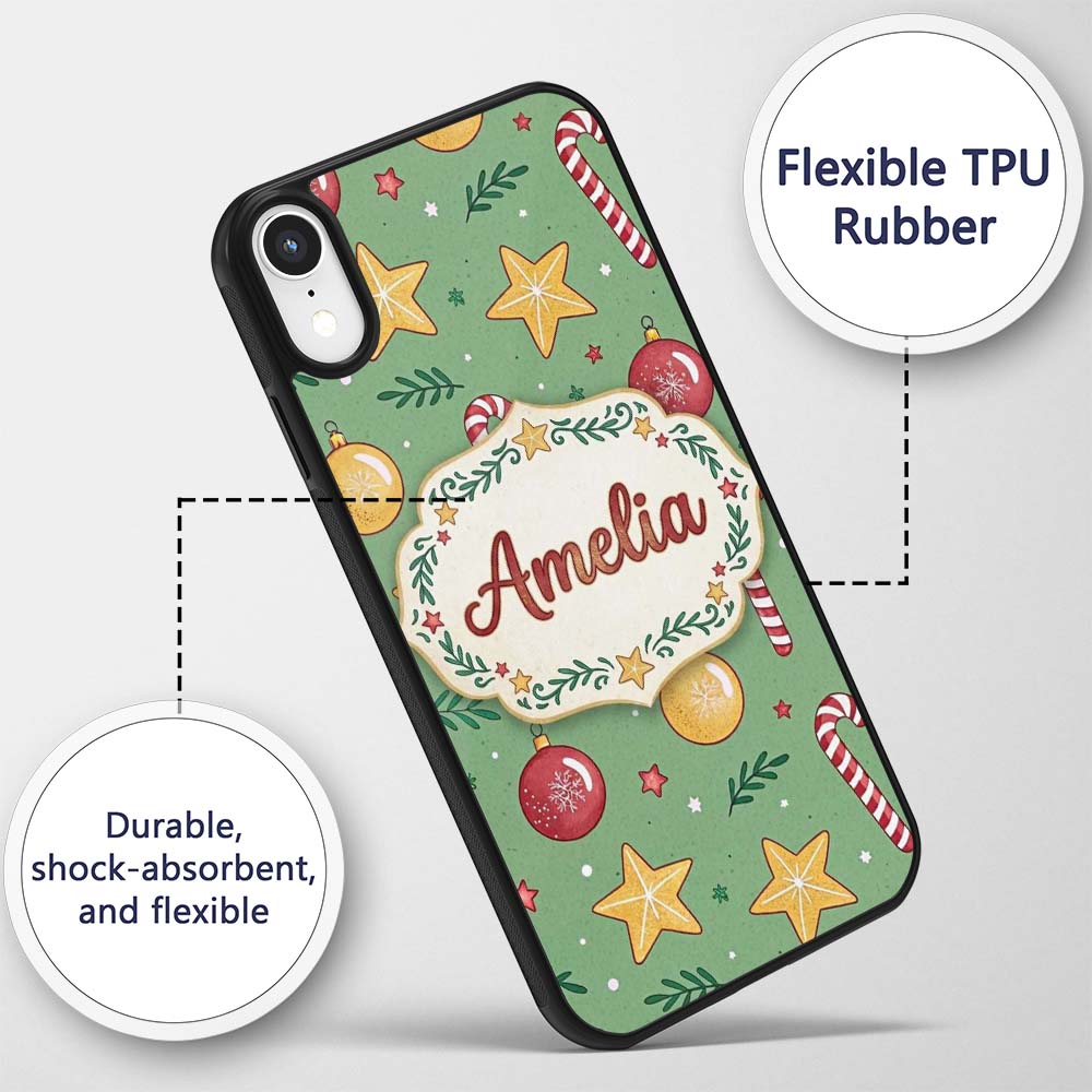 Christmas Candy Cane Baubles Stars Green Festive Custom Name Protective Phone Case Mobile Cover Durable Everyday Smartphone Shock Resistant