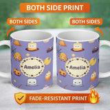 Personalized Custom Name Cute Witch Spider Candle Moon Halloween Seamless Pattern Purple 11oz Ceramic Coffee Tea Mug White Large Handle