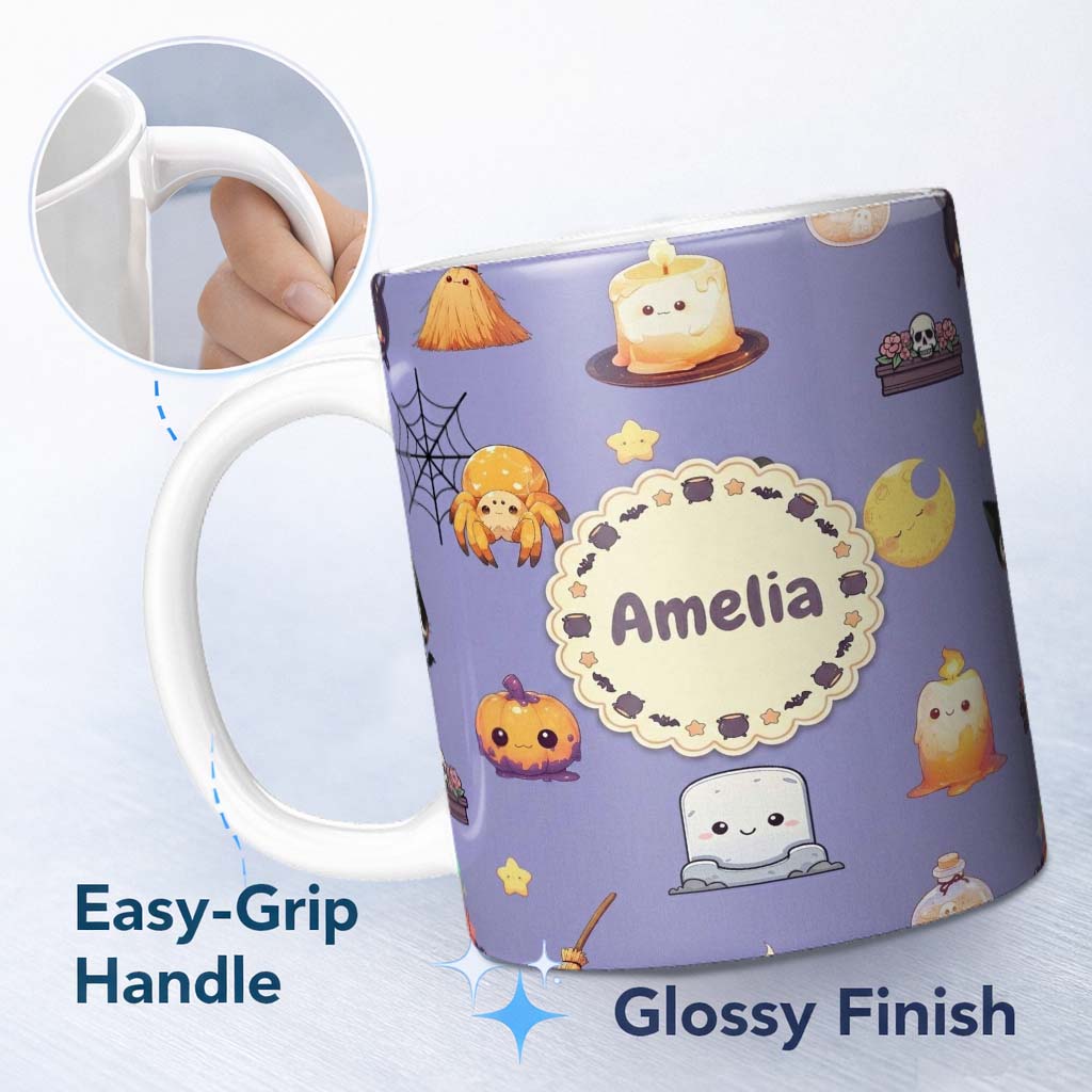 Personalized Custom Name Cute Witch Spider Candle Moon Halloween Seamless Pattern Purple 11oz Ceramic Coffee Tea Mug White Large Handle