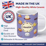 Personalized Custom Name Cute Witch Spider Candle Moon Halloween Seamless Pattern Purple 11oz Ceramic Coffee Tea Mug White Large Handle