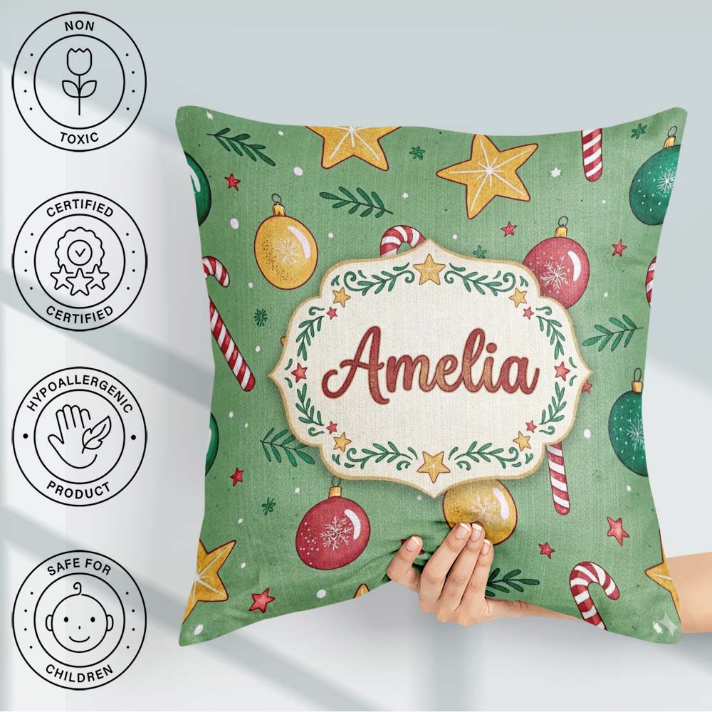 Custom Name Christmas Candy Baubles Stars Green Festive Seamless Square Filled Cushion Throw Pillow Sofa Bed Home Decor Zip Washable UK Made