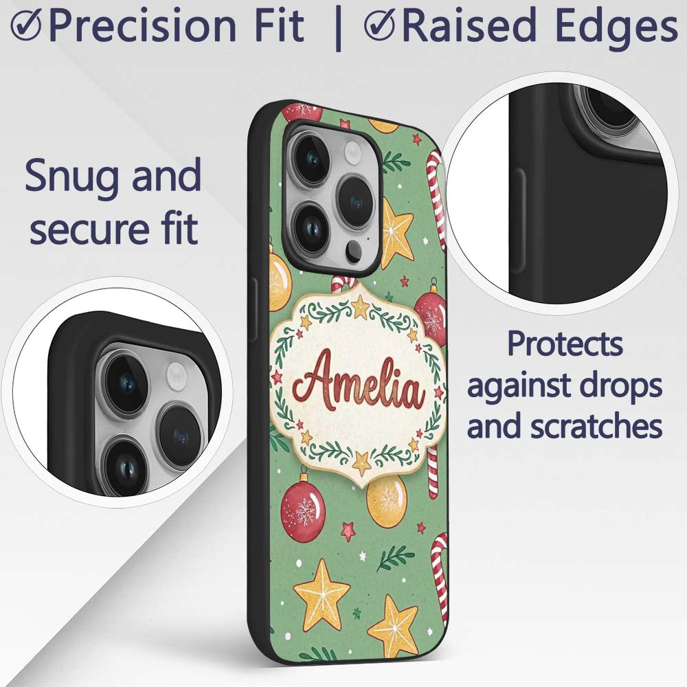 Christmas Candy Cane Baubles Stars Green Festive Custom Name Protective Phone Case Mobile Cover Durable Everyday Smartphone Shock Resistant