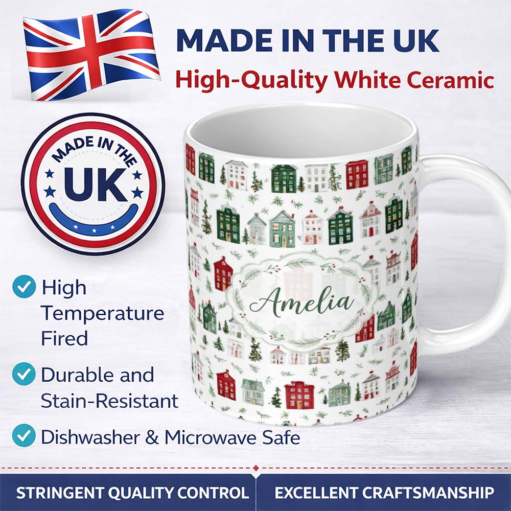 Personalized Custom Name Watercolor Christmas Holly Berry Wreath Pattern Festive Winter 11oz Ceramic Coffee Tea Mug White Large Handle