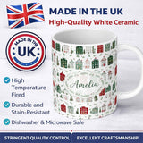 Personalized Custom Name Watercolor Christmas Holly Berry Wreath Pattern Festive Winter 11oz Ceramic Coffee Tea Mug White Large Handle