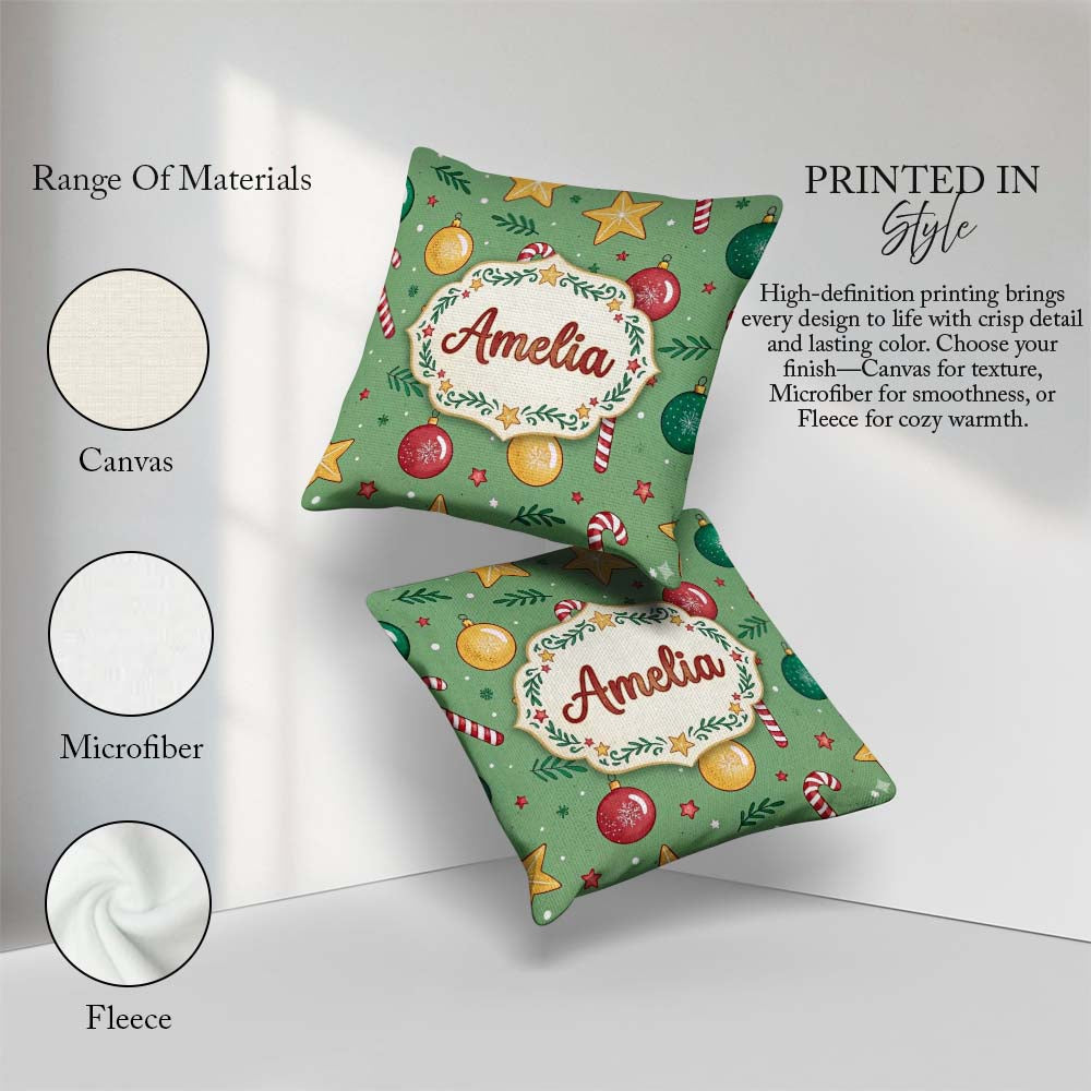 Custom Name Christmas Candy Baubles Stars Green Festive Seamless Square Filled Cushion Throw Pillow Sofa Bed Home Decor Zip Washable UK Made