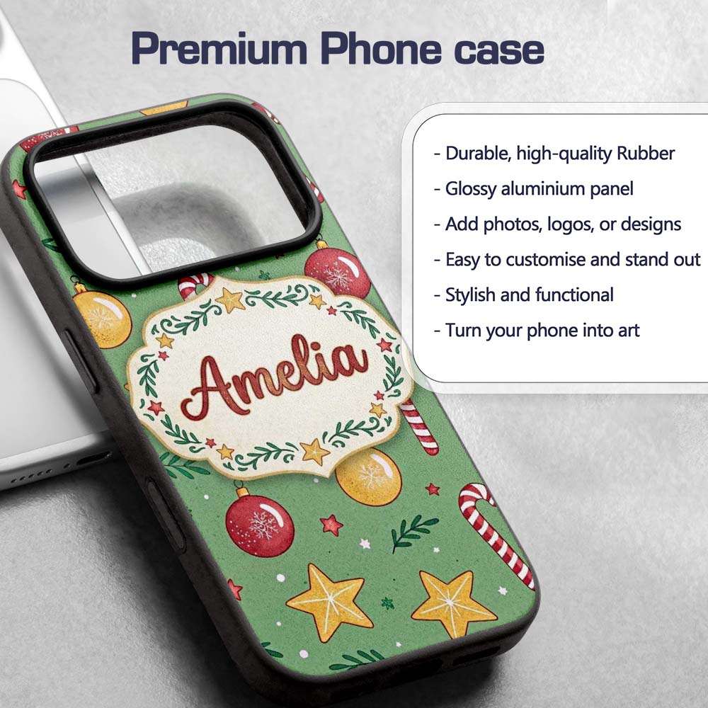Christmas Candy Cane Baubles Stars Green Festive Custom Name Protective Phone Case Mobile Cover Durable Everyday Smartphone Shock Resistant