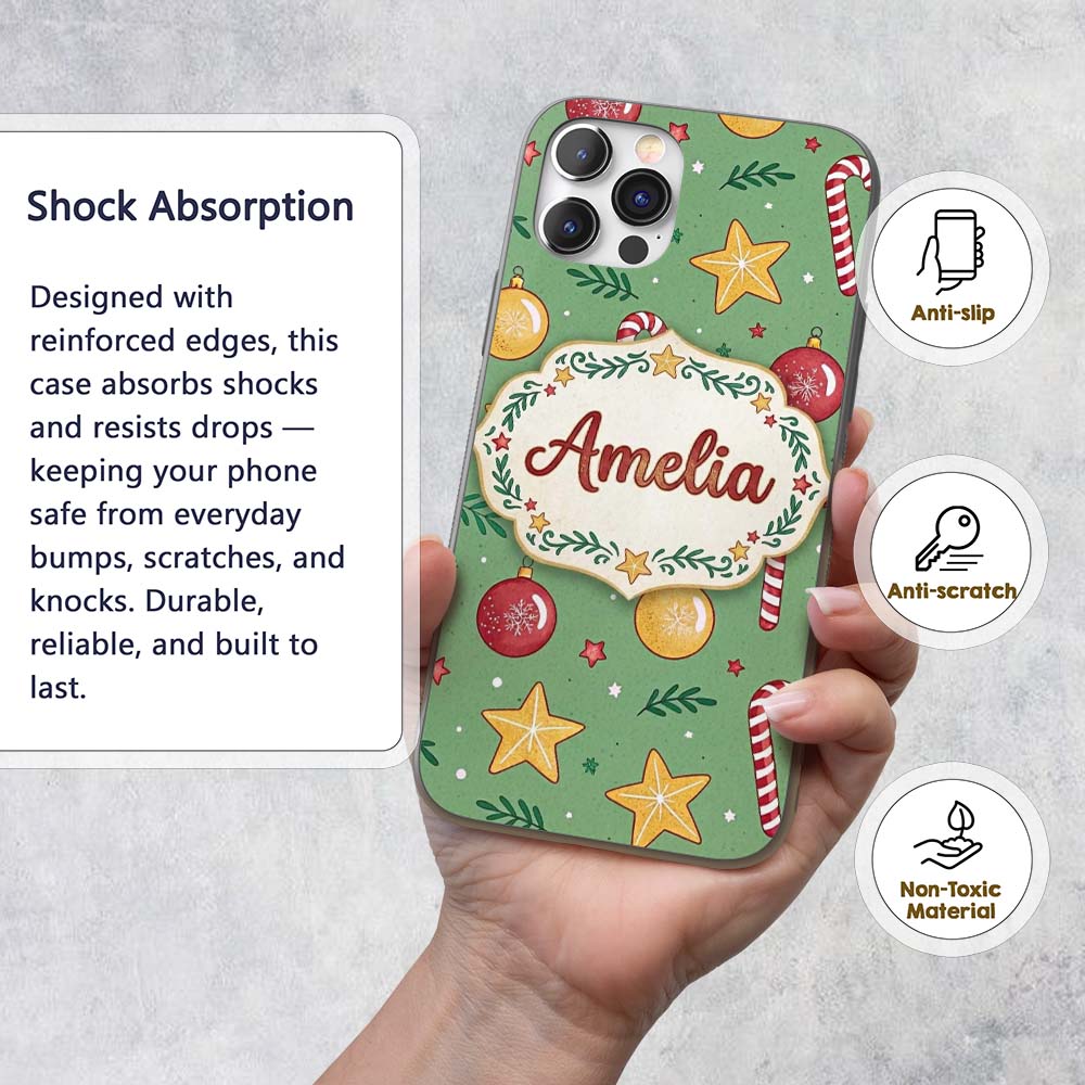 Christmas Candy Cane Baubles Stars Green Festive Custom Name Protective Phone Case Mobile Cover Durable Everyday Smartphone Shock Resistant