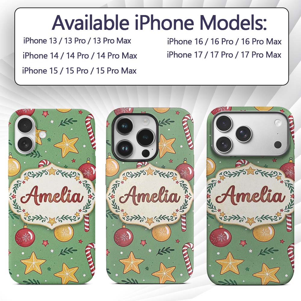 Christmas Candy Cane Baubles Stars Green Festive Custom Name Protective Phone Case Mobile Cover Durable Everyday Smartphone Shock Resistant