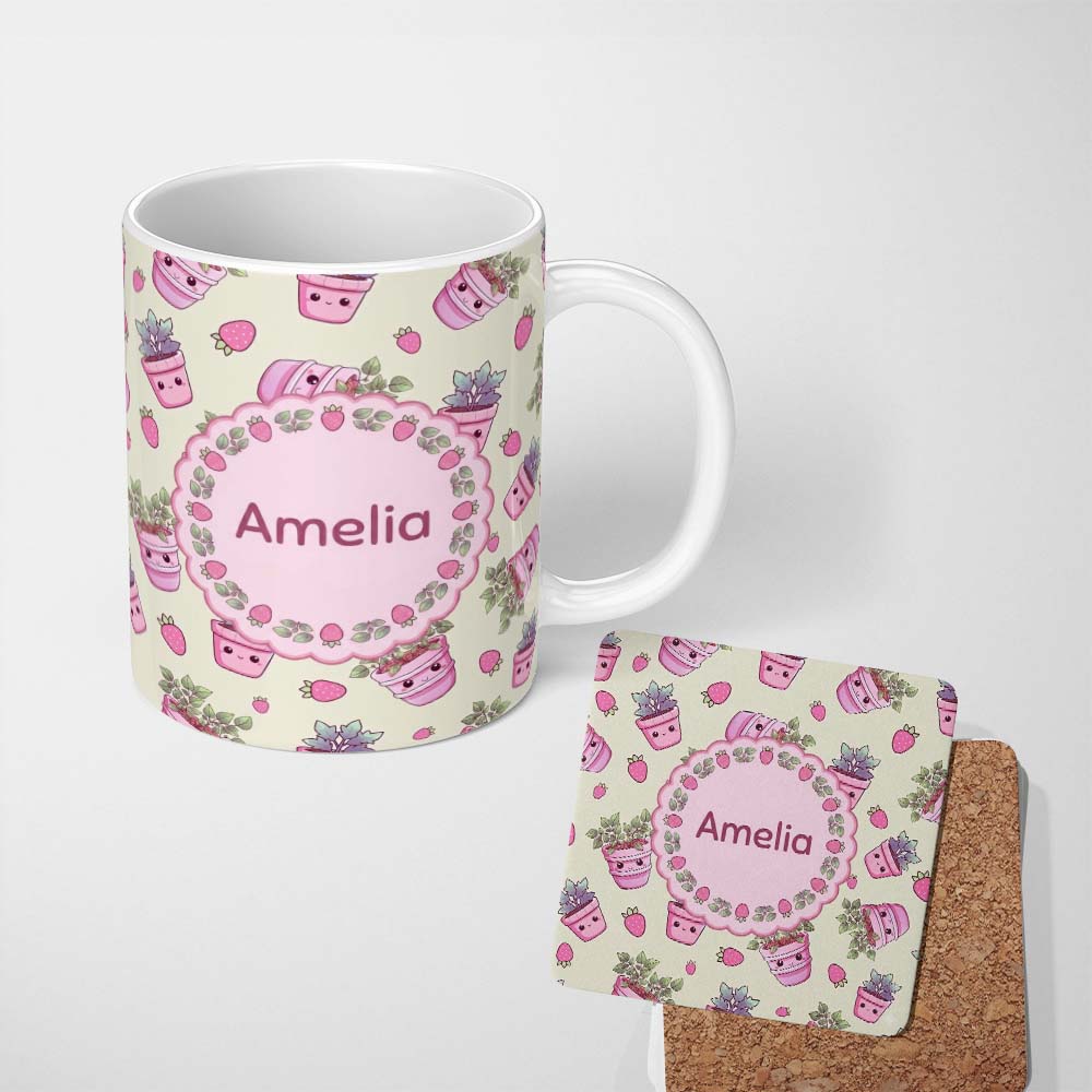 Personalized Custom Name Cute Pink Plant Pots Leaves Strawberry Seamless Pattern Cream Lovely 11oz Ceramic Coffee Tea Mug White Large Handle