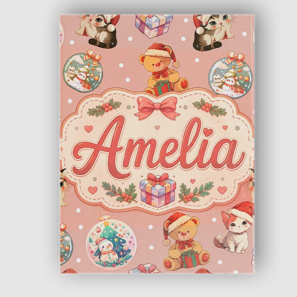 Personalised Name Cute Christmas Cats Teddy Custom  Bespoke Interior Contemporary Canvas Wall Art Print Decor Picture Ready to Hang
