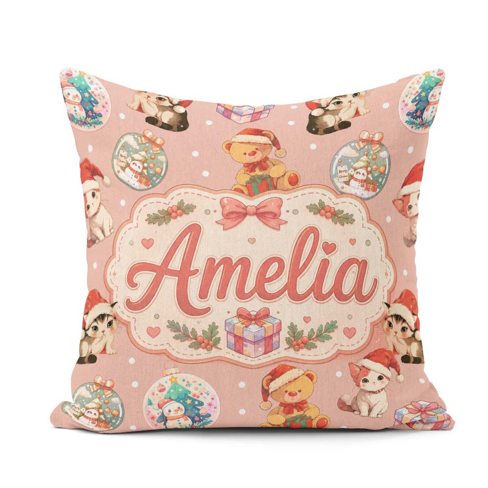 Custom Name Christmas Cats Teddy Baubles Seamless Pattern Pink Square Filled Cushion Throw Pillow Sofa Bed Home Decor Zip Washable UK Made