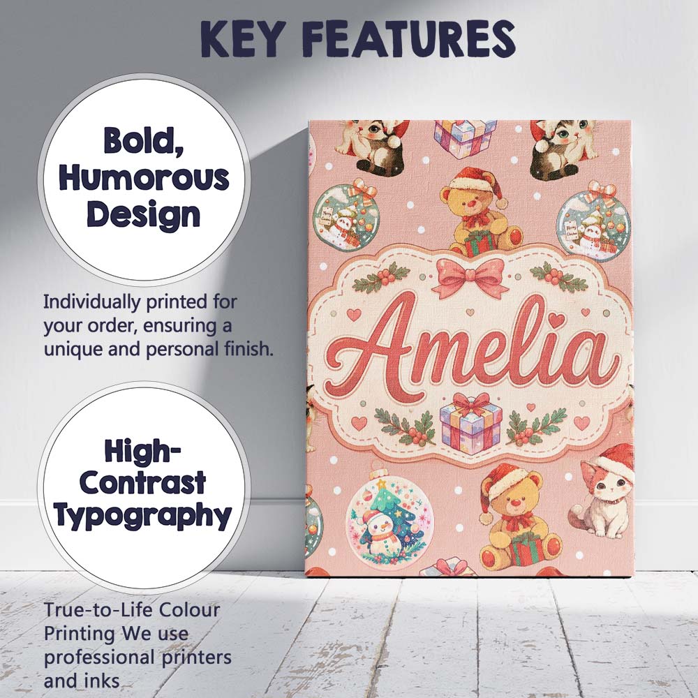 Personalised Name Cute Christmas Cats Teddy Custom  Bespoke Interior Contemporary Canvas Wall Art Print Decor Picture Ready to Hang