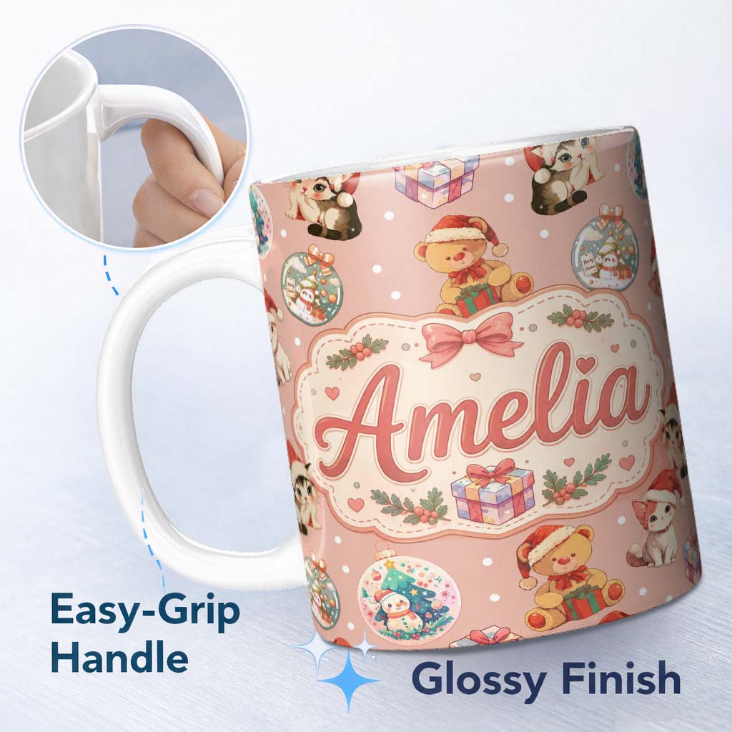 Personalized Custom Name Cute Christmas Cats Teddy Gift Baubles Seamless Pattern Pink 11oz Ceramic Coffee Tea Mug White Large Handle