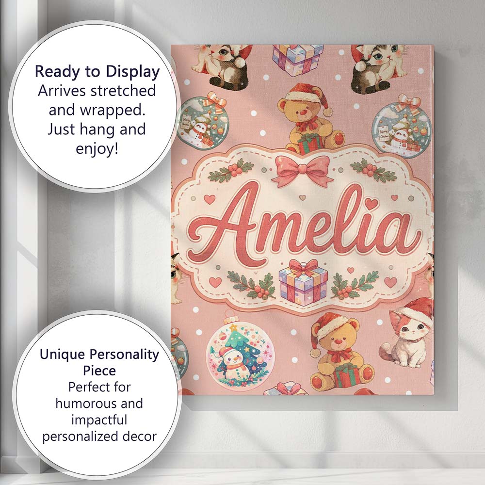 Personalised Name Cute Christmas Cats Teddy Custom  Bespoke Interior Contemporary Canvas Wall Art Print Decor Picture Ready to Hang