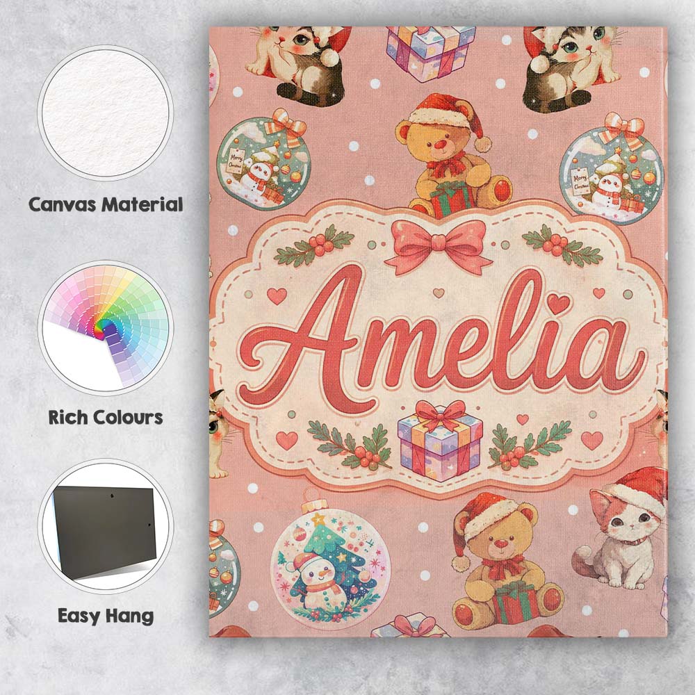 Personalised Name Cute Christmas Cats Teddy Custom  Bespoke Interior Contemporary Canvas Wall Art Print Decor Picture Ready to Hang
