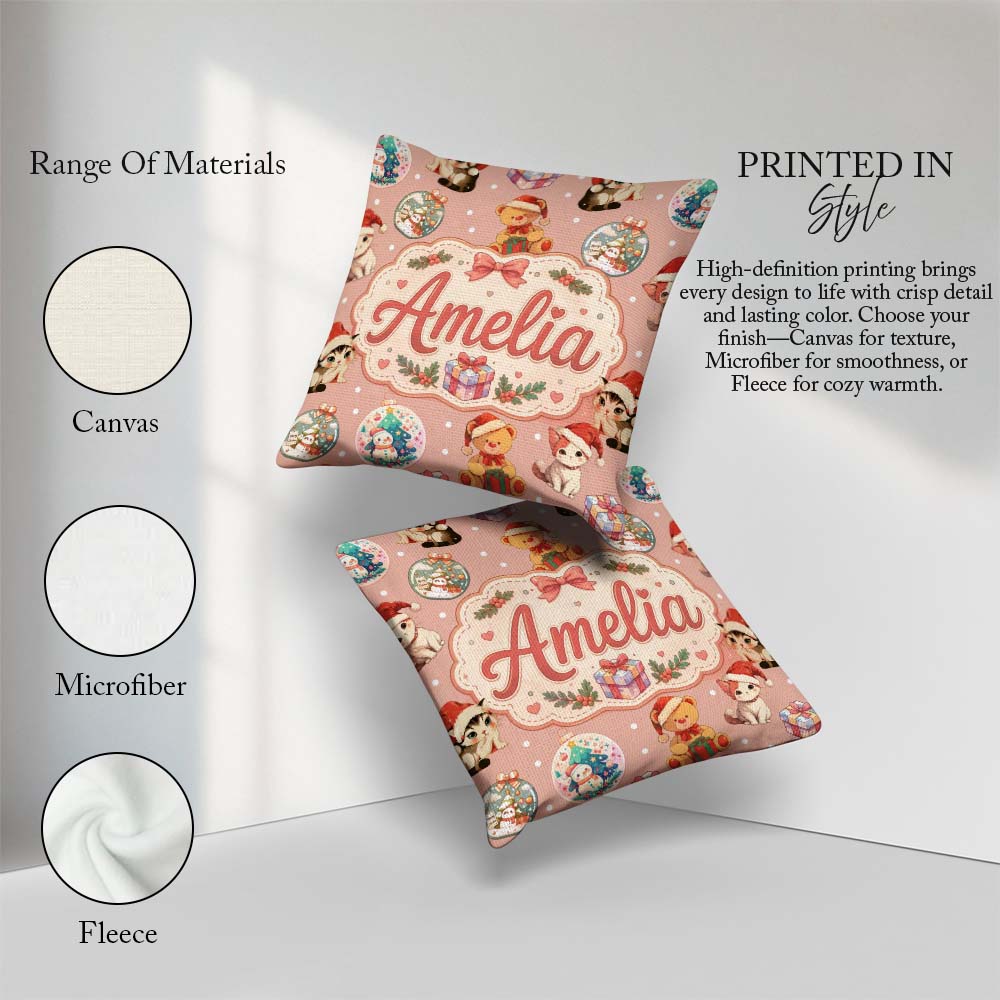 Custom Name Christmas Cats Teddy Baubles Seamless Pattern Pink Square Filled Cushion Throw Pillow Sofa Bed Home Decor Zip Washable UK Made