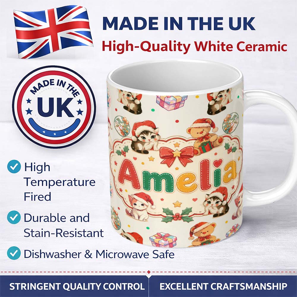 Personalized Custom Name Cute Christmas Cats Teddy Gift Baubles Seamless Pattern Cream 11oz Ceramic Coffee Tea Mug White Large Handle
