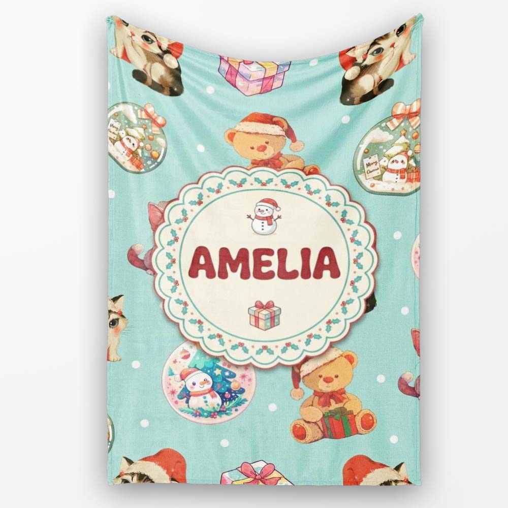 Cute Christmas Cats Teddy Bear Baubles on Teal Background Seamless  Personalised Custom Name Super Soft Fleece Blanket Bed Sofa Throw
