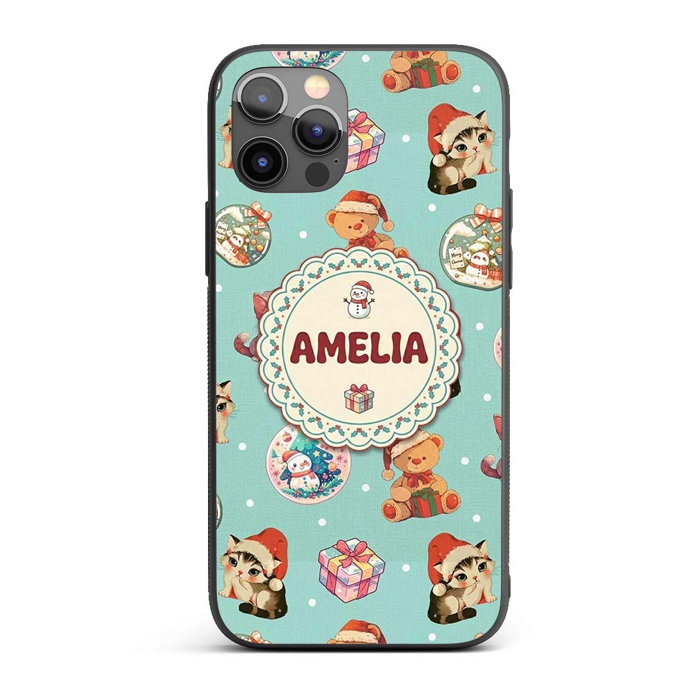 Cute Christmas Cats Teddy Bear Baubles on Teal Custom Name Protective Phone Case Mobile Cover Durable Everyday Smartphone Shock Resistant