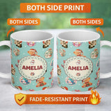 Personalized Custom Name Cute Christmas Cats Teddy Bear Baubles on Teal Background Seamless 11oz Ceramic Coffee Tea Mug White Large Handle