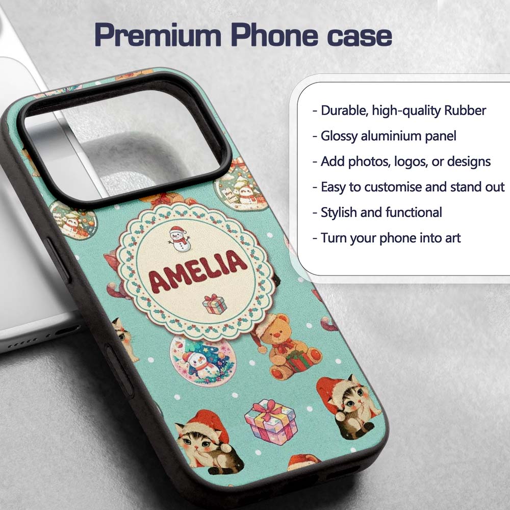 Cute Christmas Cats Teddy Bear Baubles on Teal Custom Name Protective Phone Case Mobile Cover Durable Everyday Smartphone Shock Resistant